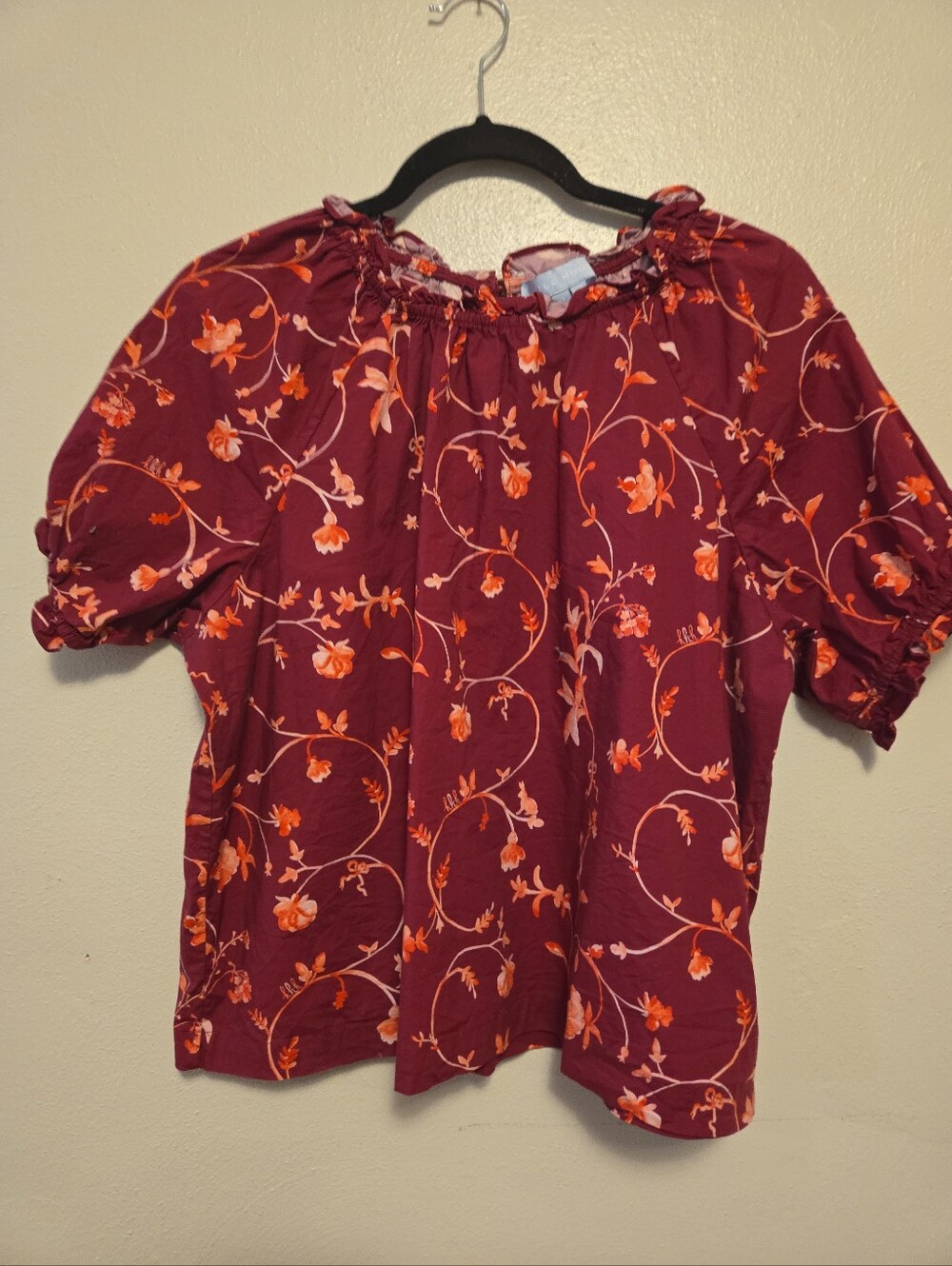 Hill House Cotton Floral Short Sleeved Blouse Maroon Pink XL